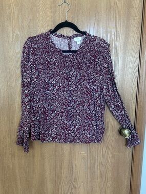 J. Crew Burgundy and Light Blue Floral Long-Sleeve Blouse